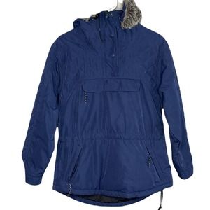 LL Bean Women’s Navy Blue Pullover Down Coat with Fur lined Hood Size Small